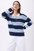 Jersey de cuello polo a rayas Anja - Azul cielo azul marino - Mujer