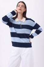 Jersey de cuello polo a rayas Anja - Azul cielo azul marino - Mujer