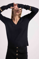 Pull Col V Manches Mitaines Anna - Noir - 100% Cachemire Oeko-Tex - Femme