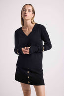 Pull Col V Manches Mitaines Anna - Noir - 100% Cachemire Oeko-Tex - Femme