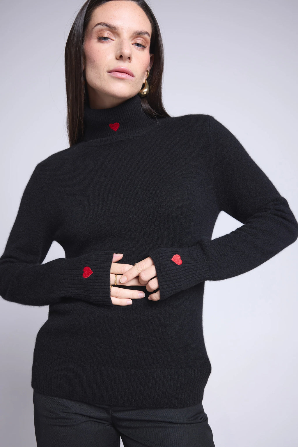 Roll-Neck Jumper Heart Embroidery Anny - Black Red - Women