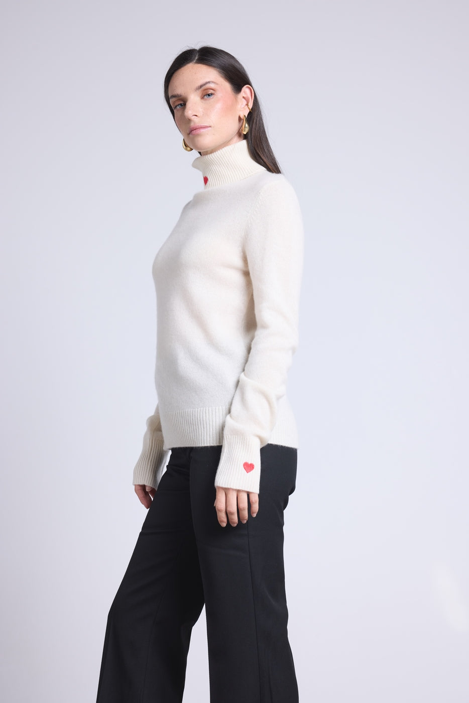 Pull Col Roule Cœur Broderie Anny - Blanc Rouge - Femme