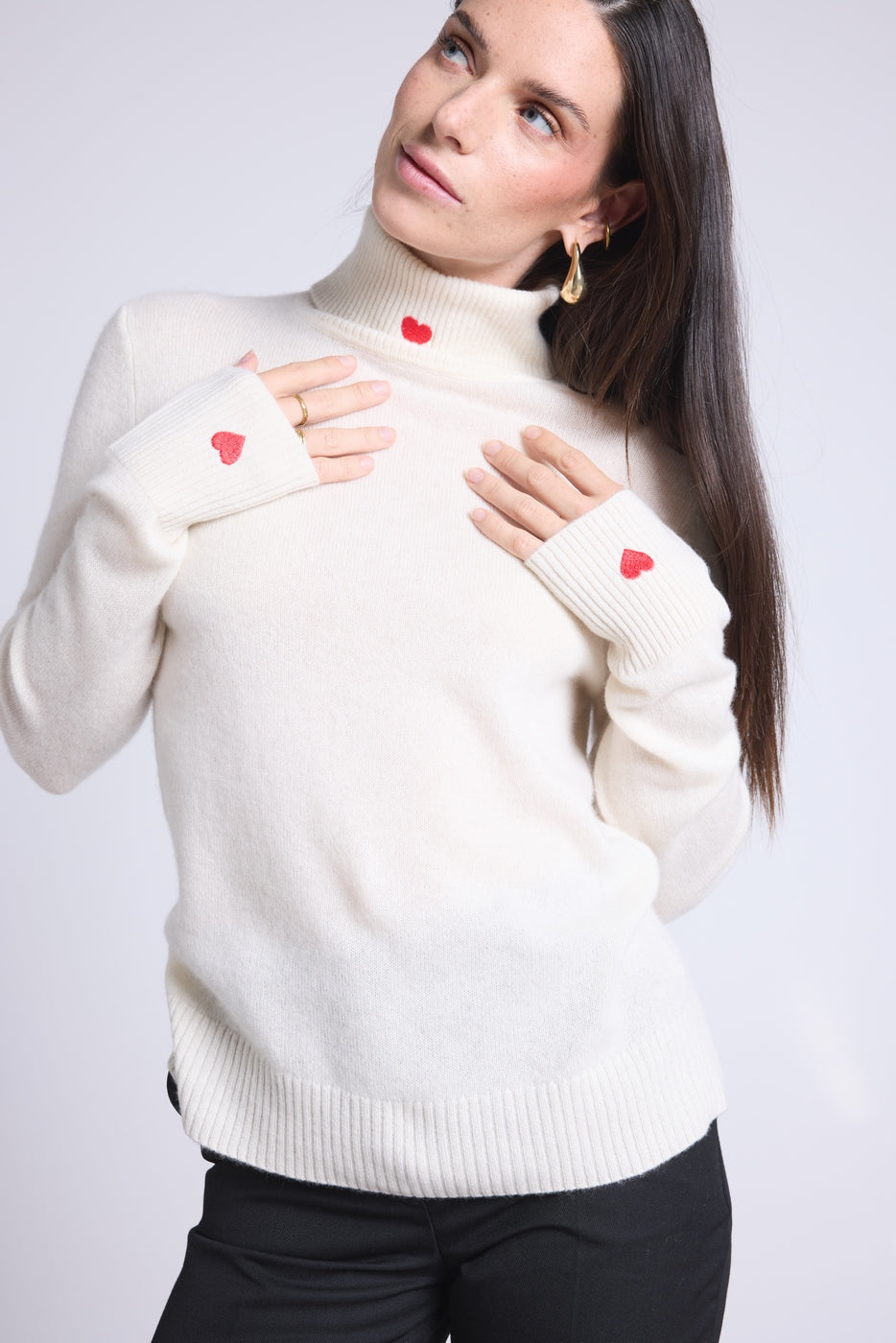 Pull Col Roule Cœur Broderie Anny - Blanc Rouge - Femme