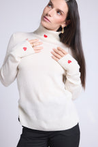 Pull Col Roule Cœur Broderie Anny - Blanc Rouge - Femme