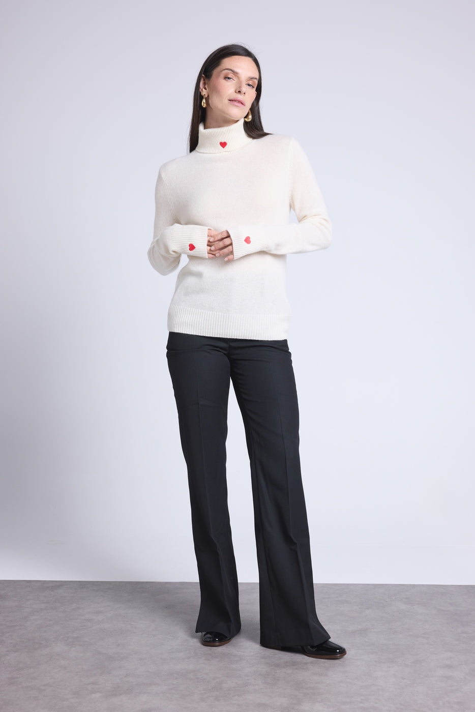 Pull Col Roule Cœur Broderie Anny - Blanc Rouge - Femme