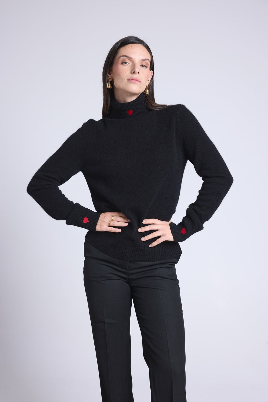 Roll-Neck Jumper Heart Embroidery Anny - Black Red - Women
