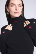 Roll-Neck Jumper Heart Embroidery Anny - Black Red - Women