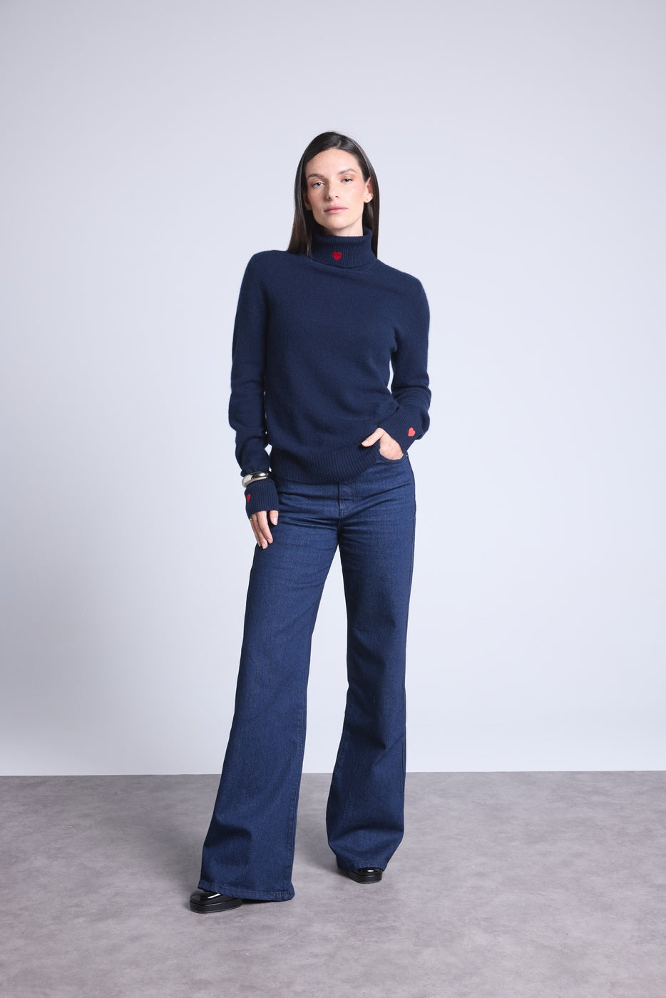 Pull Col Roule Cœur Broderie Anny - Bleu Marine Rouge - Femme