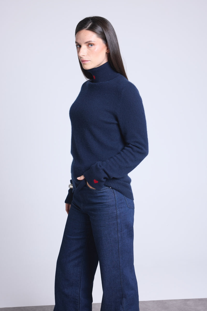 Pull Col Roule Cœur Broderie Anny - Bleu Marine Rouge - Femme
