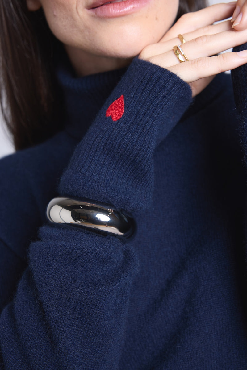 Pull Col Roule Cœur Broderie Anny - Bleu Marine Rouge - Femme