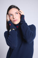 Pull Col Roule Cœur Broderie Anny - Bleu Marine Rouge - Femme