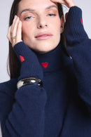 Pull Col Roule Cœur Broderie Anny - Bleu Marine Rouge - Femme