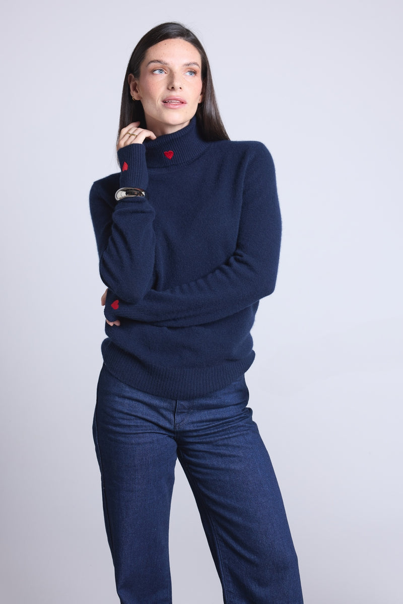 Pull Col Roule Cœur Broderie Anny - Bleu Marine Rouge - Femme