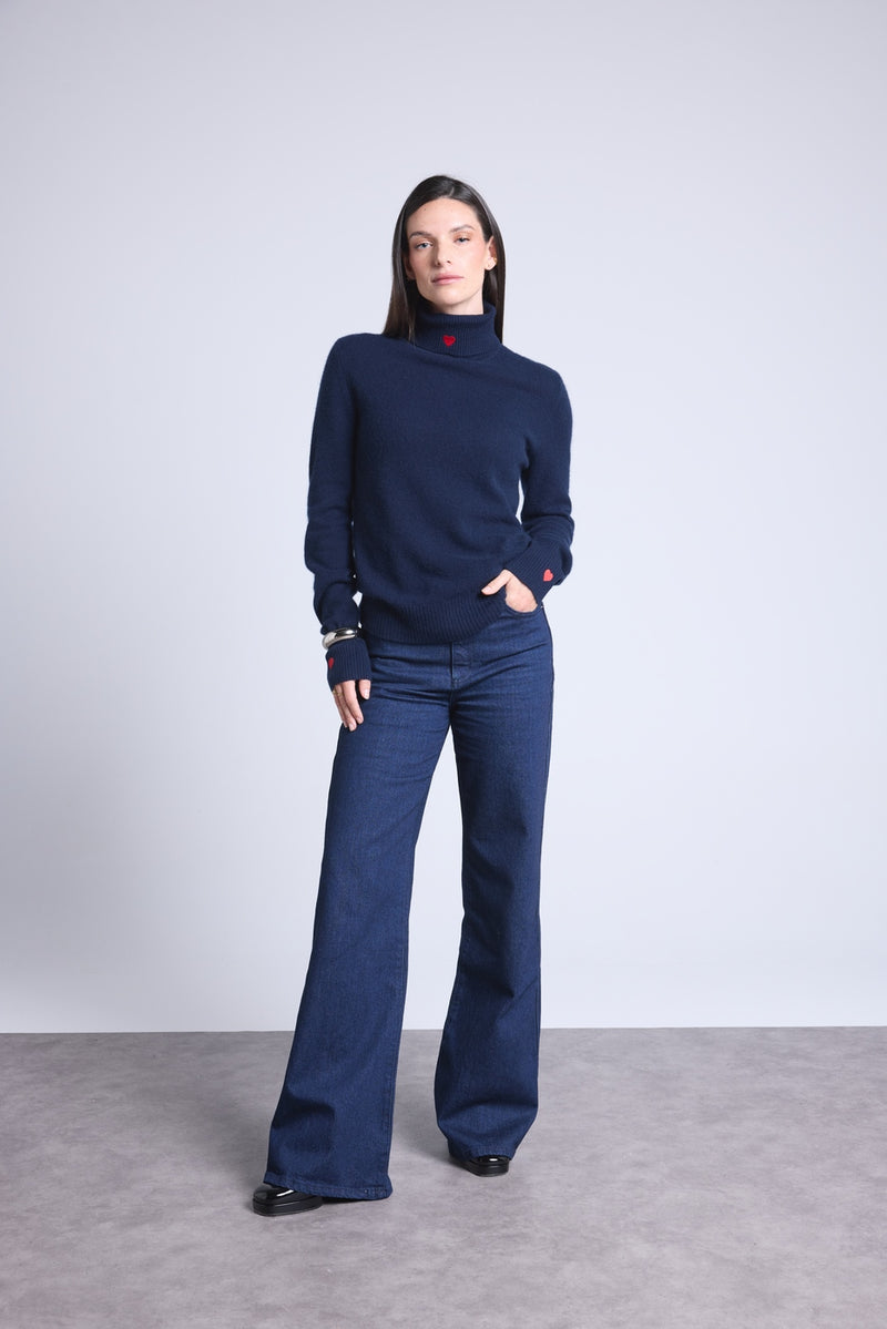 Pull Col Roule Cœur Broderie Anny - Bleu Marine Rouge - Femme