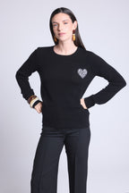 Jersey de cuello redondo con corazón bordado Anubis - Bandana negro blanco - Mujer - 100% cachemira