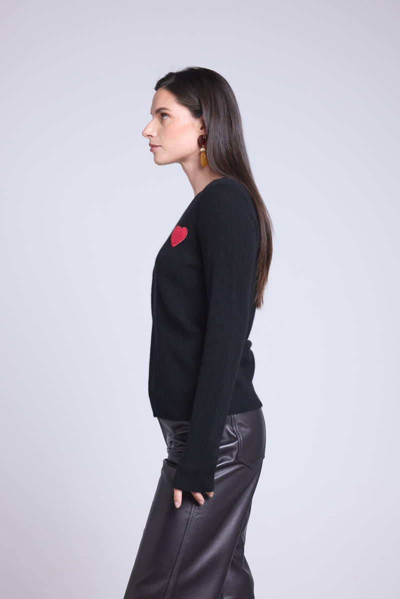 Pull Col Rond Cœur Pompon Anubis - Noir Rouge - Femme