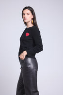 Pull Col Rond Cœur Pompon Anubis - Noir Rouge - Femme
