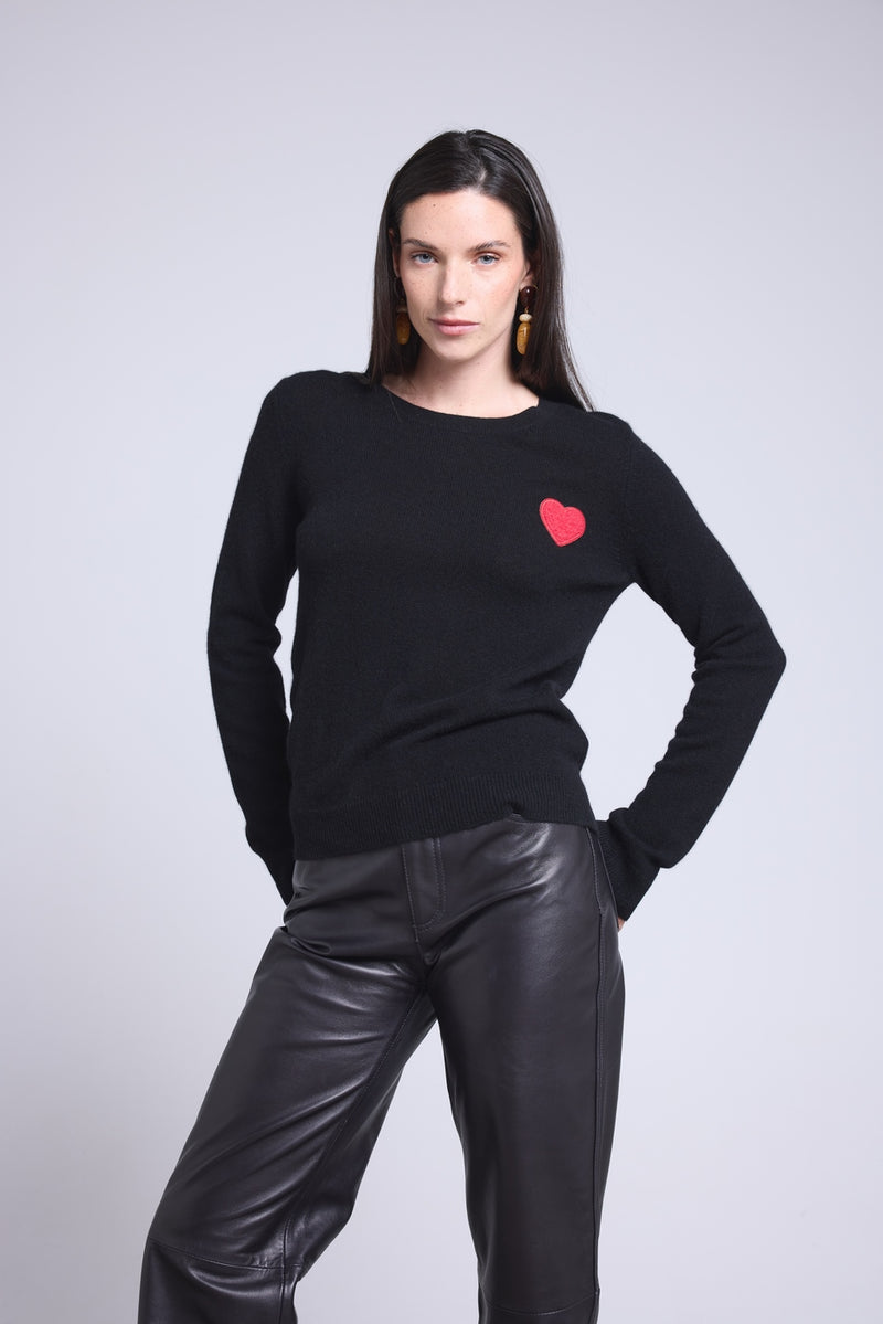 Pull Col Rond Cœur Pompon Anubis - Noir Rouge - Femme