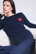 Pull Col Rond Cœur Pompon Anubis - Bleu Marine Rouge - Femme
