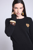 Pull Col Rond Cœur Broderie Anubis - Noir Leopard Beige - Femme
