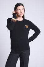 Pull Col Rond Cœur Broderie Anubis - Noir Leopard Beige - Femme