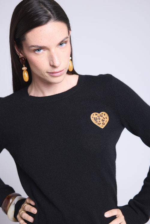 Pull Col Rond Cœur Broderie Anubis - Noir Leopard Beige - Femme