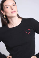 Pull Col Rond Cœur Broderie Anubis - Noir Rouge - Femme