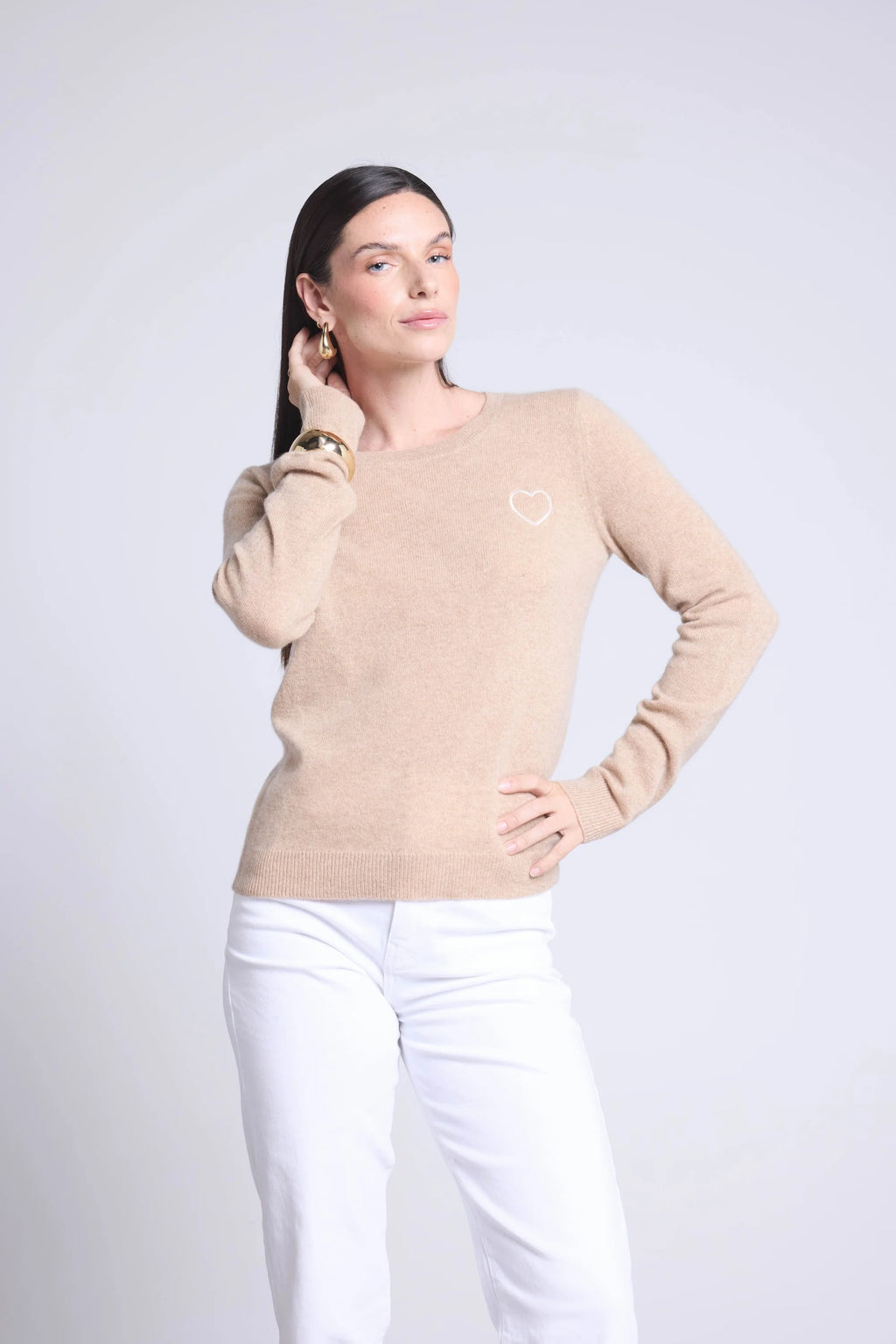 Pull Col Rond Cœur Broderie Anubis - Beige Creme Blanc - Femme