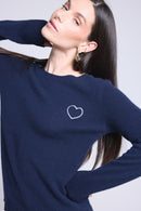 Pull Col Rond Cœur Broderie Anubis - Bleu Marine Blanc - Femme