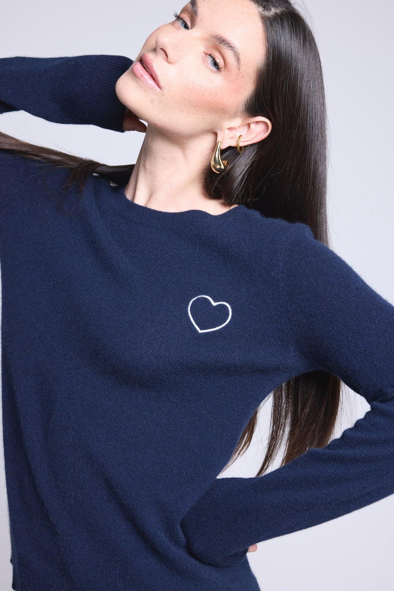 Pull Col Rond Cœur Broderie Anubis - Bleu Marine Blanc - Femme