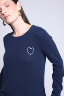 Pull Col Rond Cœur Broderie Anubis - Bleu Marine Blanc - Femme