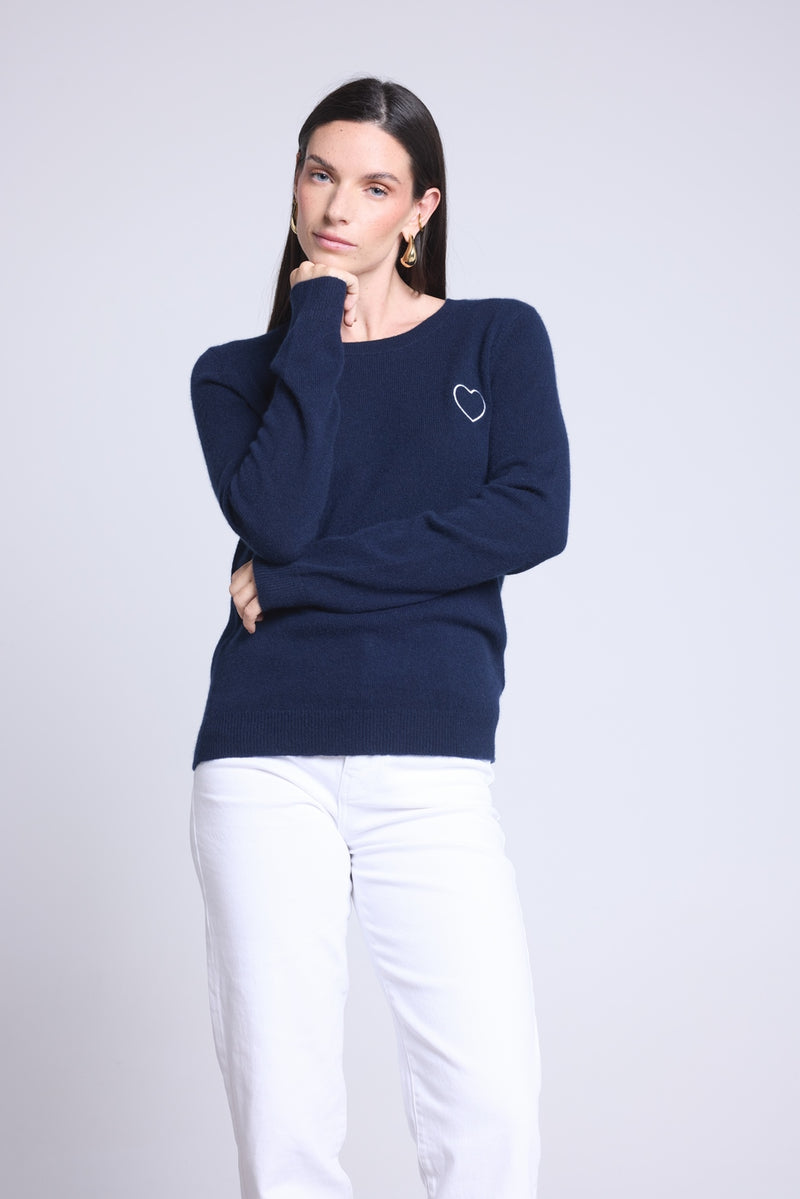 Pull Col Rond Cœur Broderie Anubis - Bleu Marine Blanc - Femme