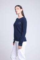Pull Col Rond Cœur Broderie Anubis - Bleu Marine Blanc - Femme