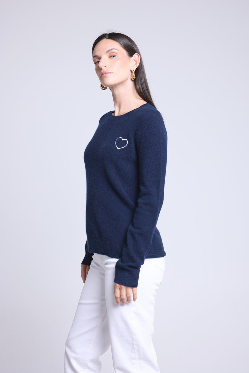 Pull Col Rond Cœur Broderie Anubis - Bleu Marine Blanc - Femme