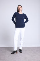Pull Col Rond Cœur Broderie Anubis - Bleu Marine Blanc - Femme