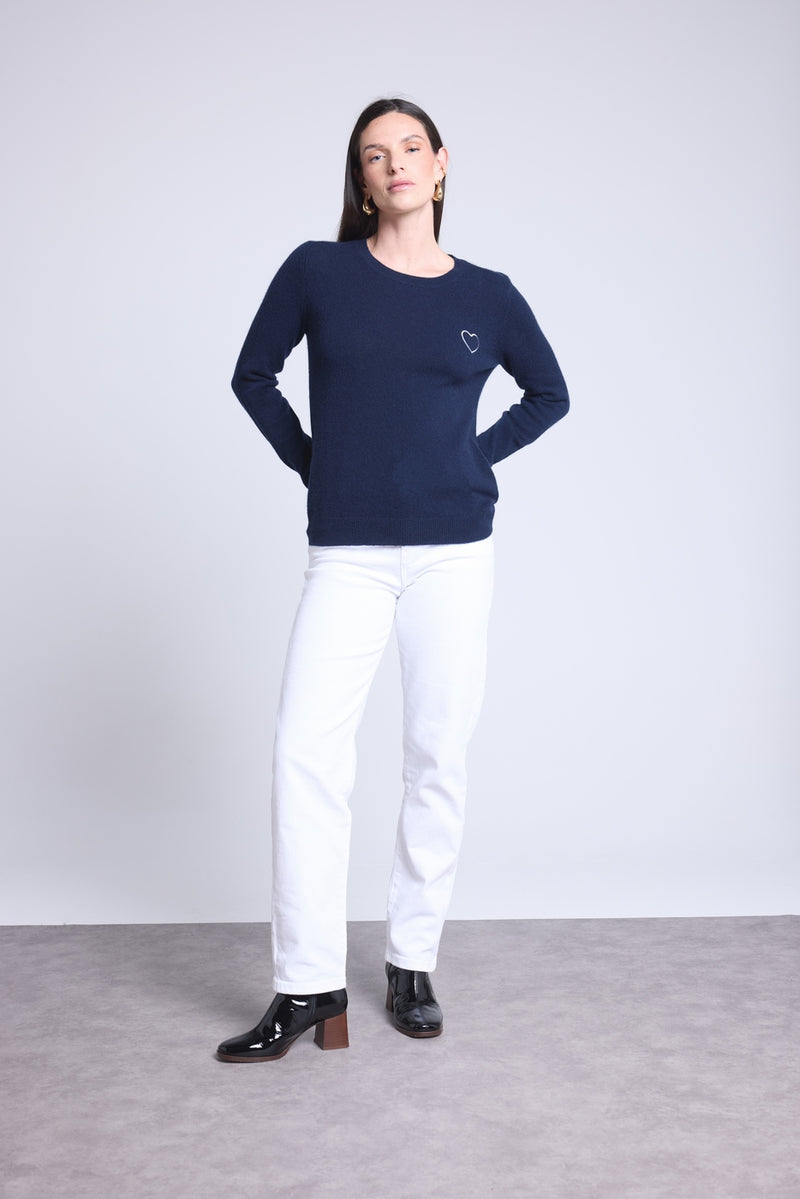 Pull Col Rond Cœur Broderie Anubis - Bleu Marine Blanc - Femme