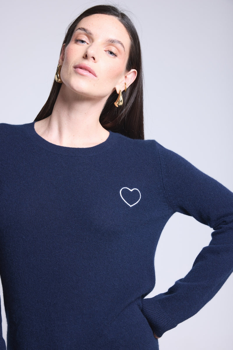 Pull Col Rond Cœur Broderie Anubis - Bleu Marine Blanc - Femme