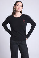 Pull Col Rond Cœur Broderie Anubis - Noir Rouge - Femme