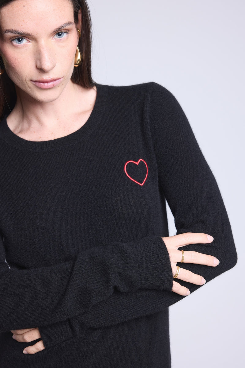 Pull Col Rond Cœur Broderie Anubis - Noir Rouge - Femme