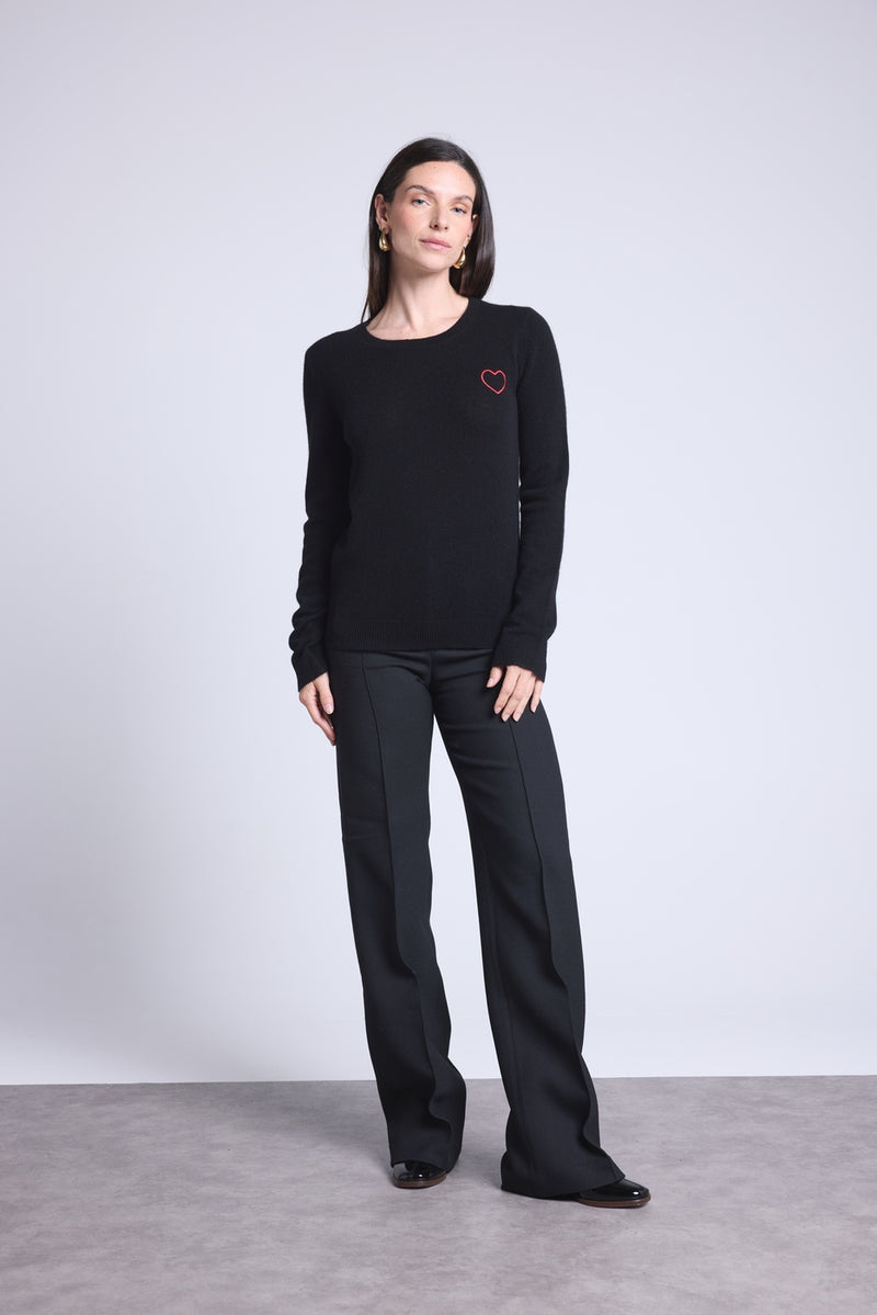 Pull Col Rond Cœur Broderie Anubis - Noir Rouge - Femme