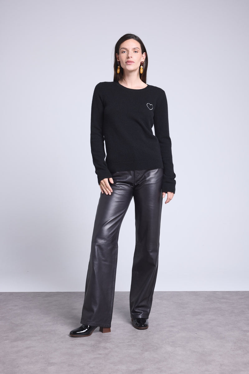 Pull Col Rond Cœur Broderie Anubis - Noir Argente - Femme