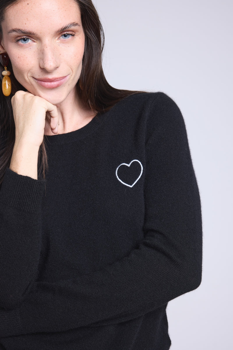 Pull Col Rond Cœur Broderie Anubis - Noir Argente - Femme