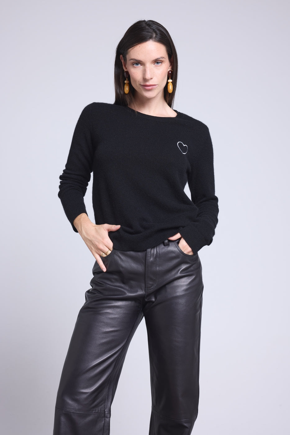 Jersey de cuello redondo corazón bordado Anubis - Negro plateado - Mujer