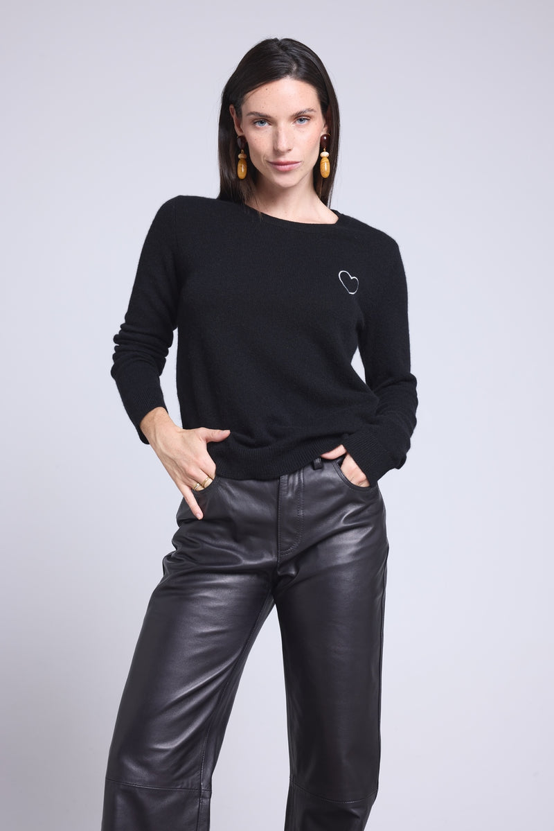 Pull Col Rond Cœur Broderie Anubis - Noir Argente - Femme