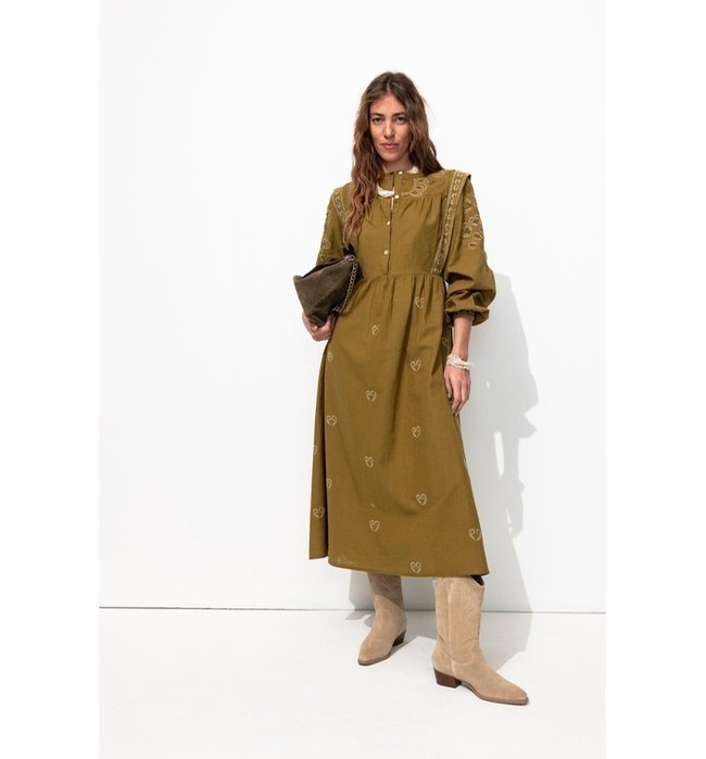 Robe Longue Brodée Femme - Kaki Uni Clair