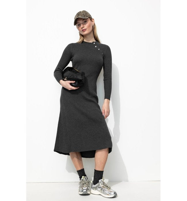 Robe Longue Côtelée Femme - Gris Uni Fonce