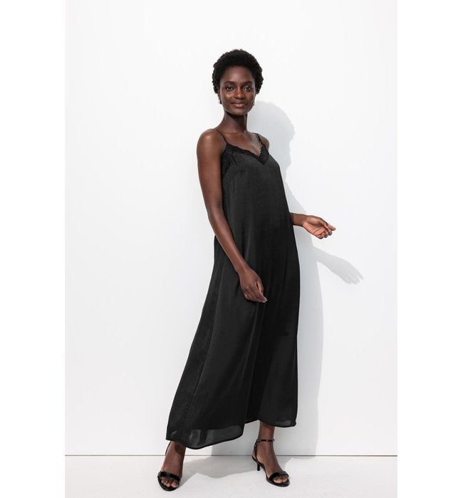 Robe Longue en Satin Femme - Noir Uni Fonce