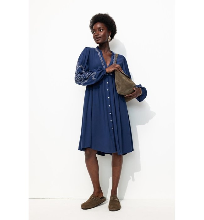 Robe Courte Brodée Femme - Bleu Uni Fonce