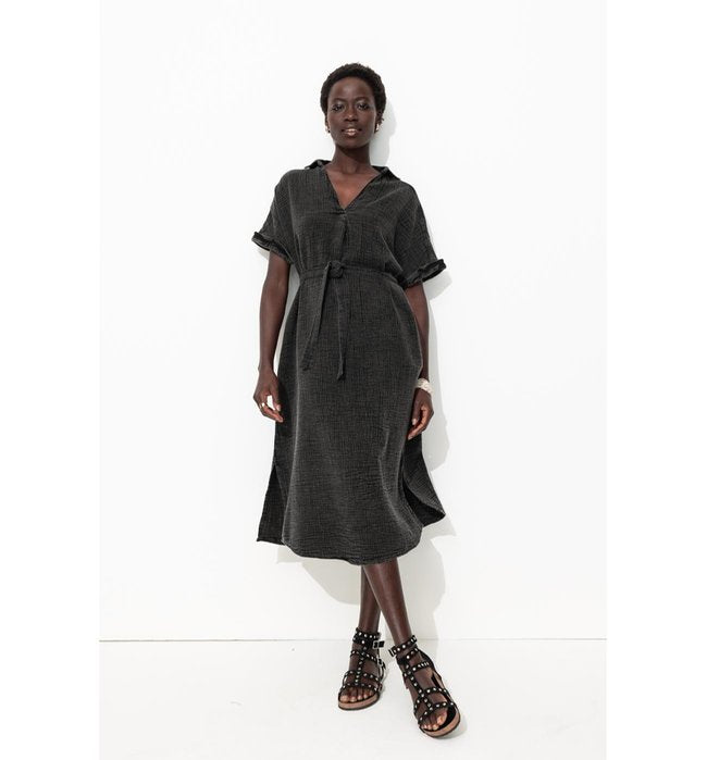 Robe Midi en Gaze de Coton - Gris Uni Fonce