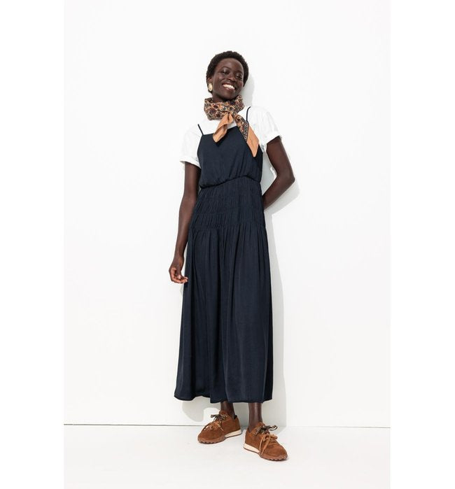 Robe à Bretelles en Satin - Bleu Uni Fonce